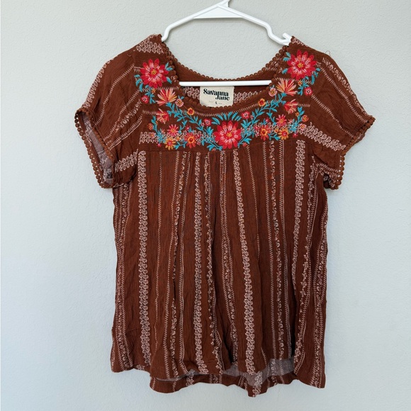Savanna Jane Brown Top with Colorful Embroidery - Picture 2 of 8